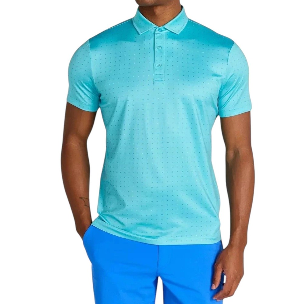 Redvanly The Times Polo Shirt Mens Small Curacao Blue Letter AOP Print Golf NEW